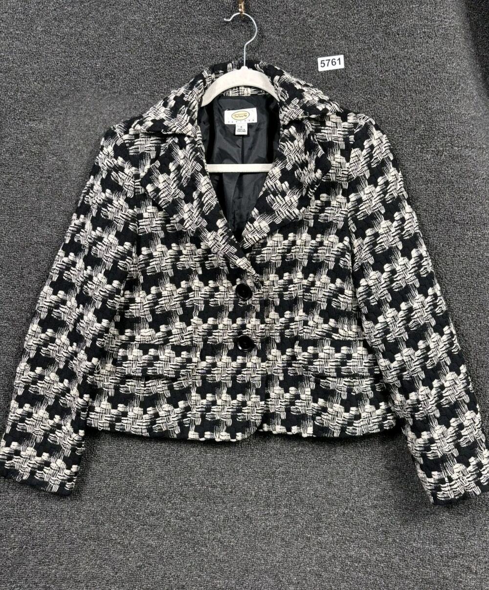 Talbots Blazer Womens 8P Black White Tweed Jacket Button Wool Blend Cuff Sleeves